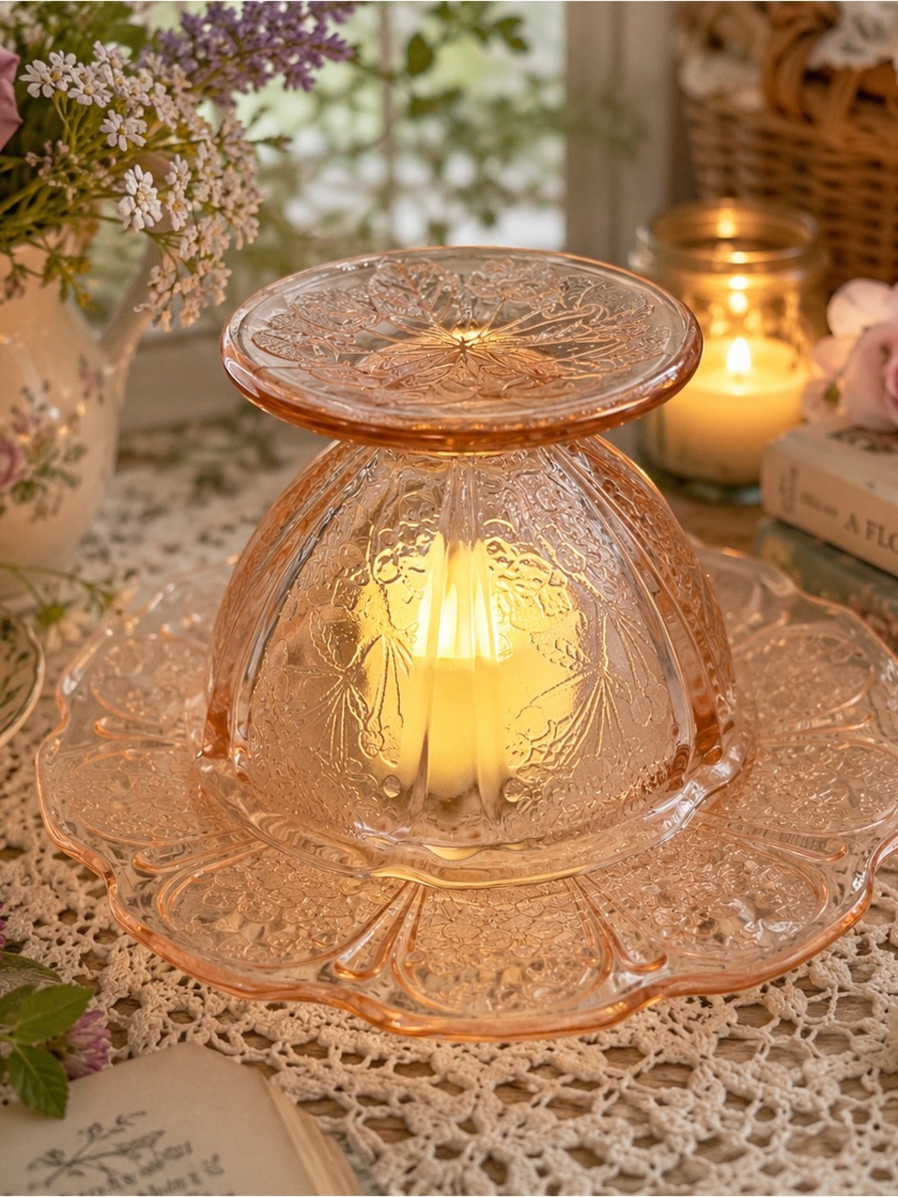 Vintage Pink Depression Glass Cherry Blossom Fairy Lamp | Sherbet & Plate